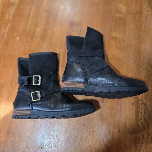 Sorel Black Leather Boots Womens 7 Plaid Lining Buckles - Picture 5 of 15